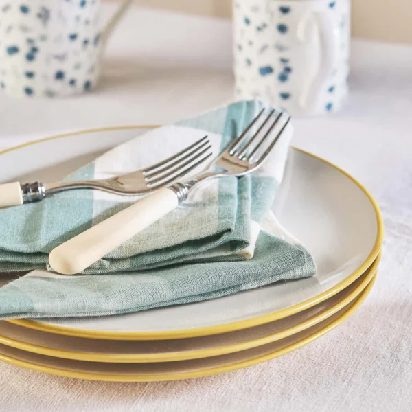 Teal Gingham Linen Napkins | Set 4